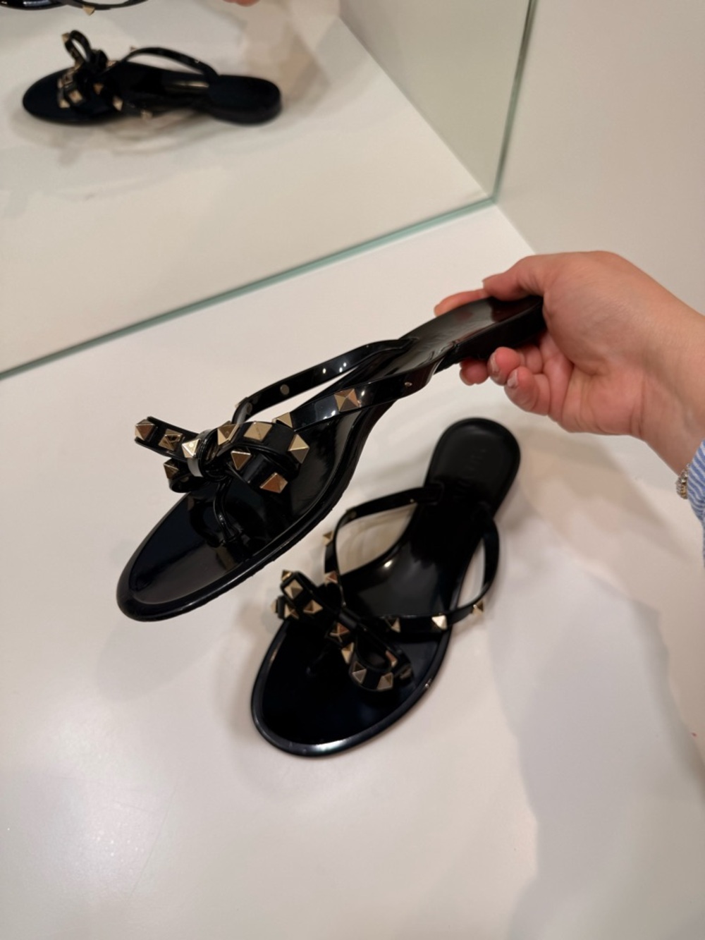 Valentino Black Patent Studded Bow Thong Sandals